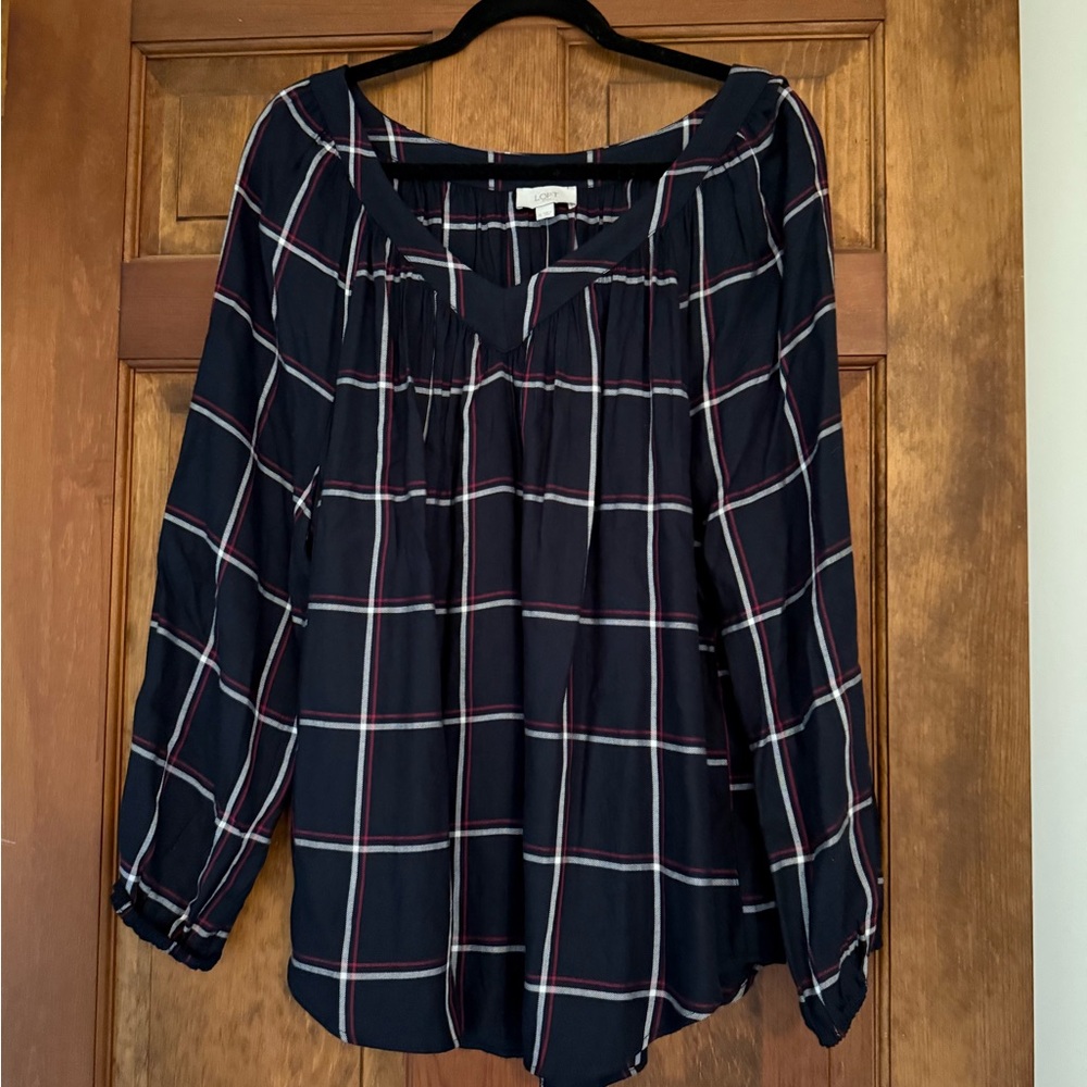 LOFT Dark Blue Checkered Blouse
